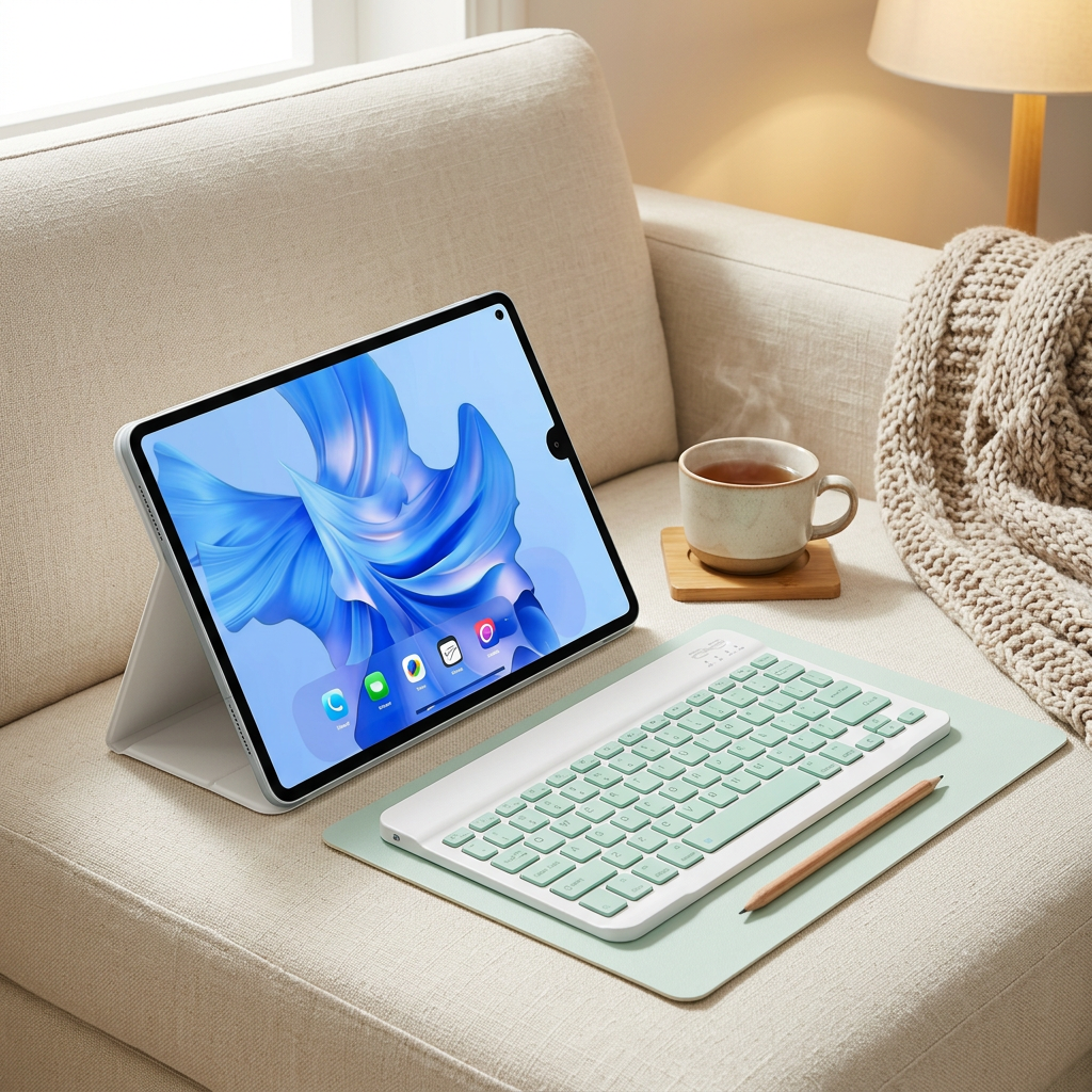 Tablet propped on its white folio stand on a cosy sofa, with the detached white and mint keyboard on a light mint mat