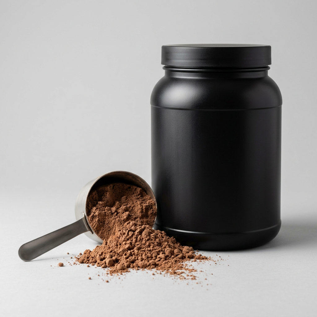 Proteína en polvo junto a un envase negro