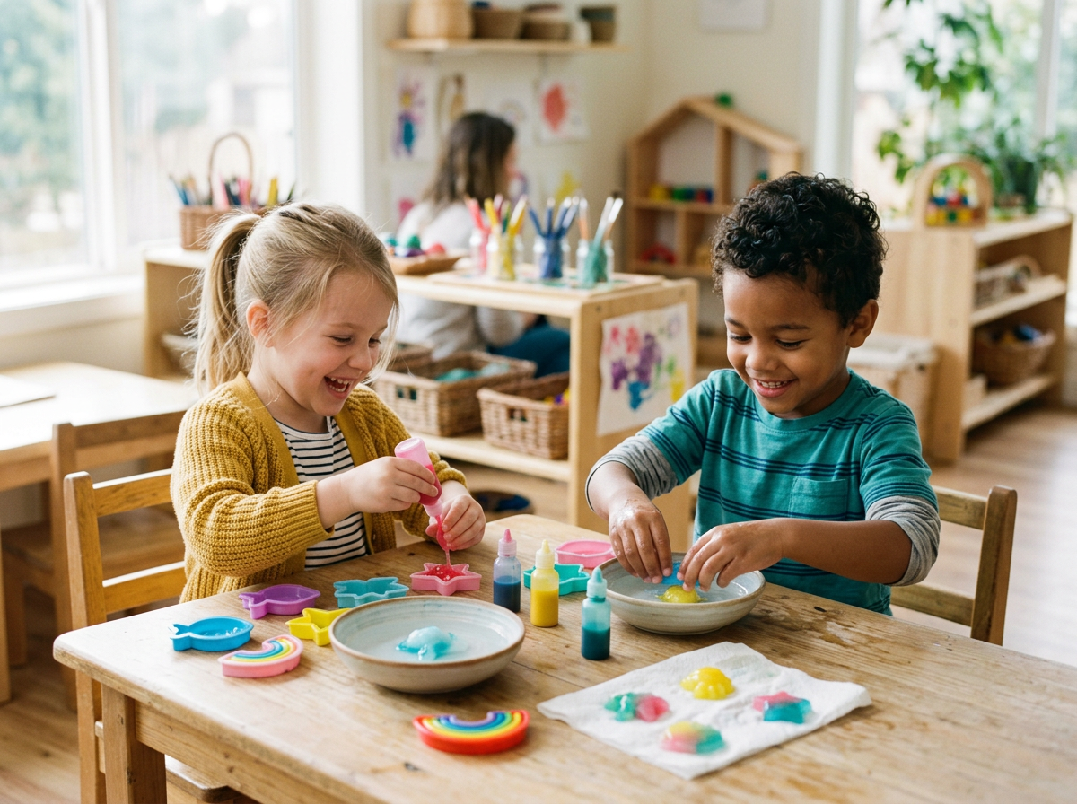 Bambini in un asilo luminoso creano coloratissime figure 3D in gel con i kit Kiddo World