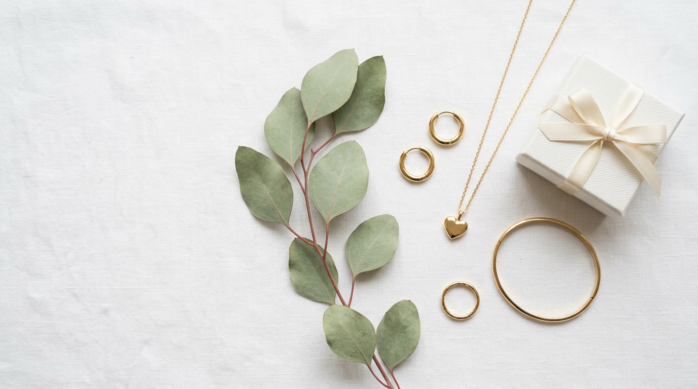 Gouden sieraden op wit linnen met eucalyptus en een cadeaudoosje