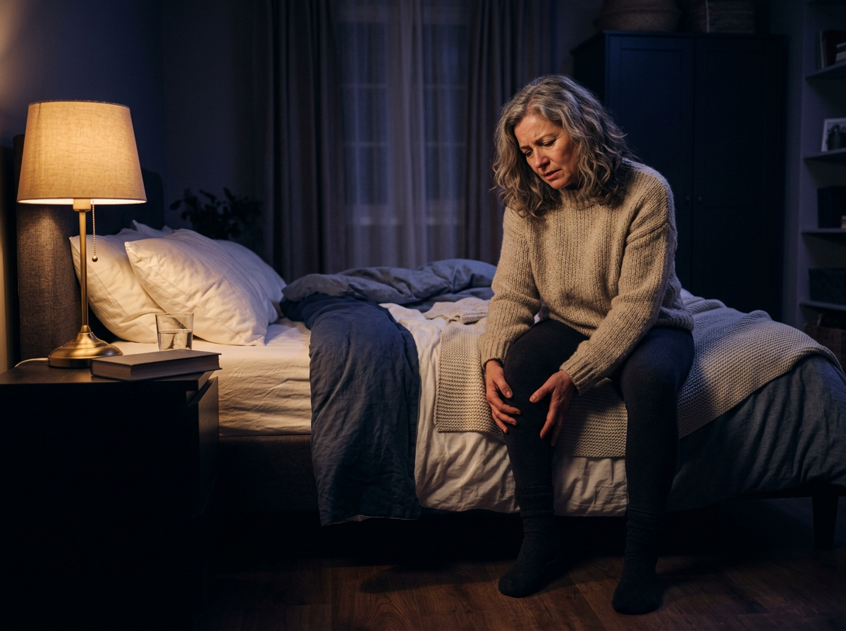 A woman sitting on the edge of her bed at night holding her knee, unable to settle