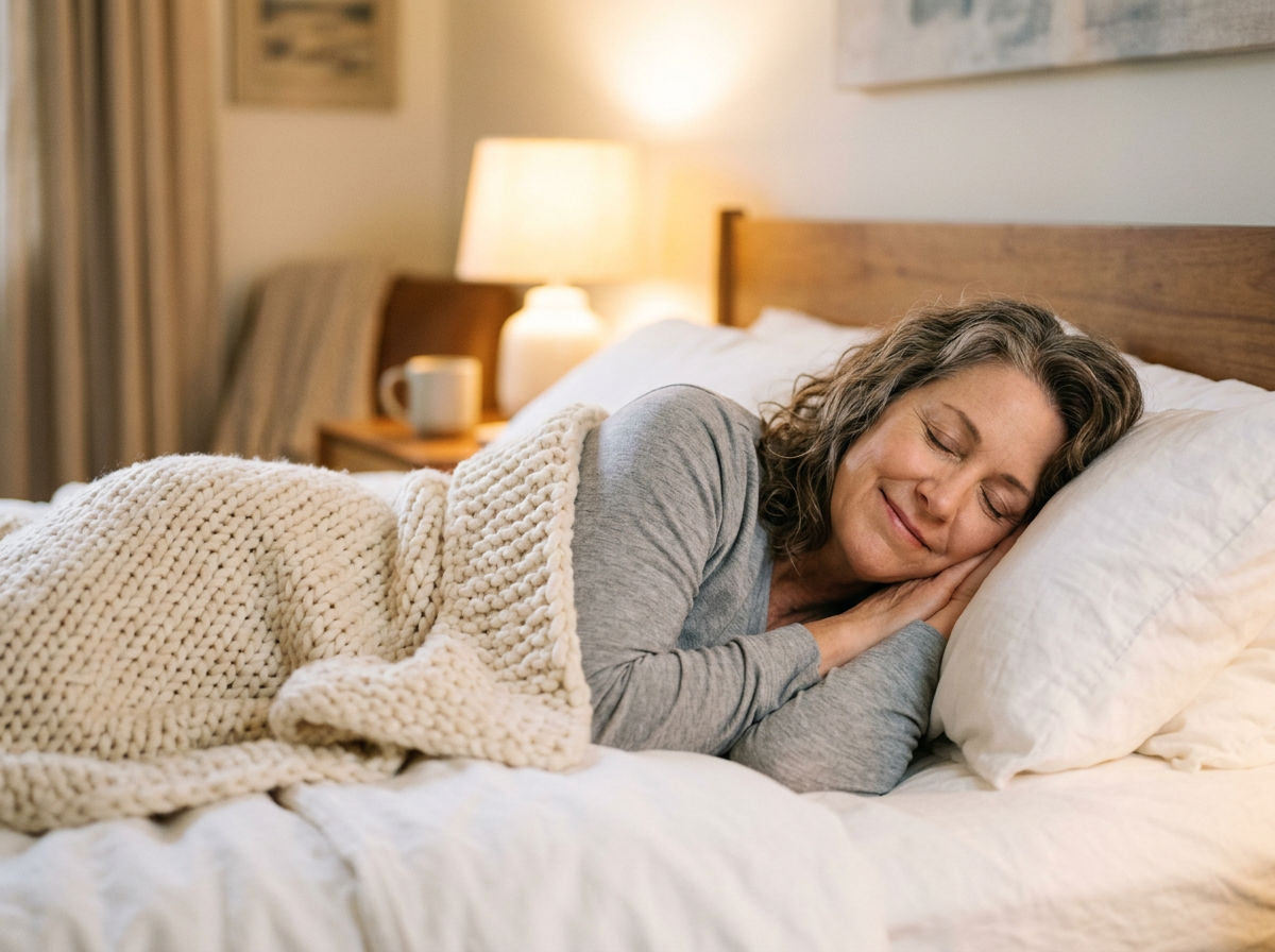 A woman sleeping peacefully in a cozy bed under a knit blanket