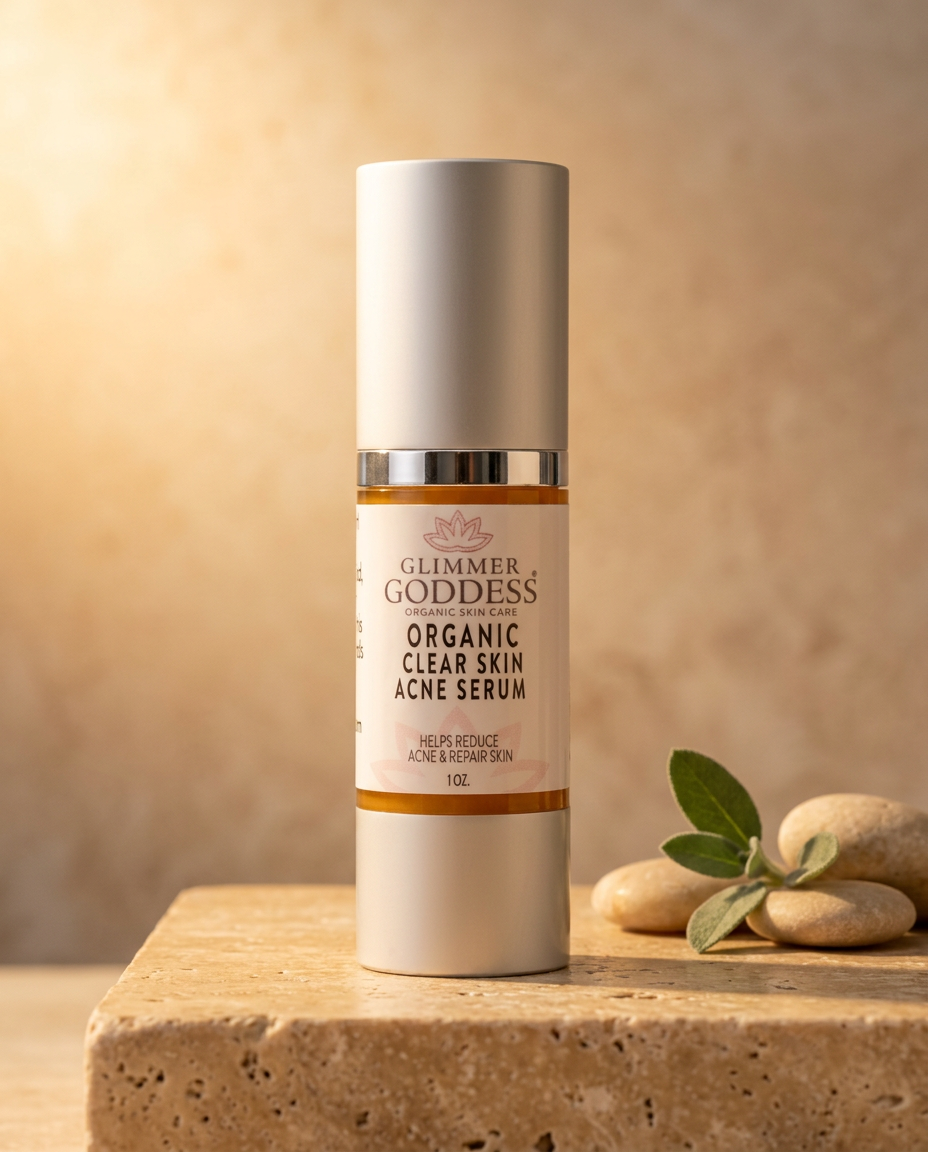 Organic Acne Serum – Oil Control & Pore Clearing Treatment in a seaside spa setting on warm natural stone
