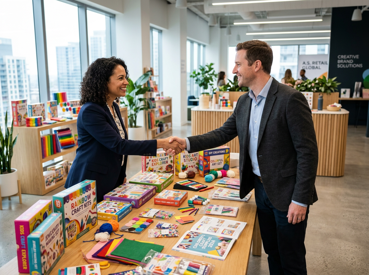 Buyer di un negozio e account manager Kiddo World si stringono la mano davanti a un tavolo con campioni di kit creativi
