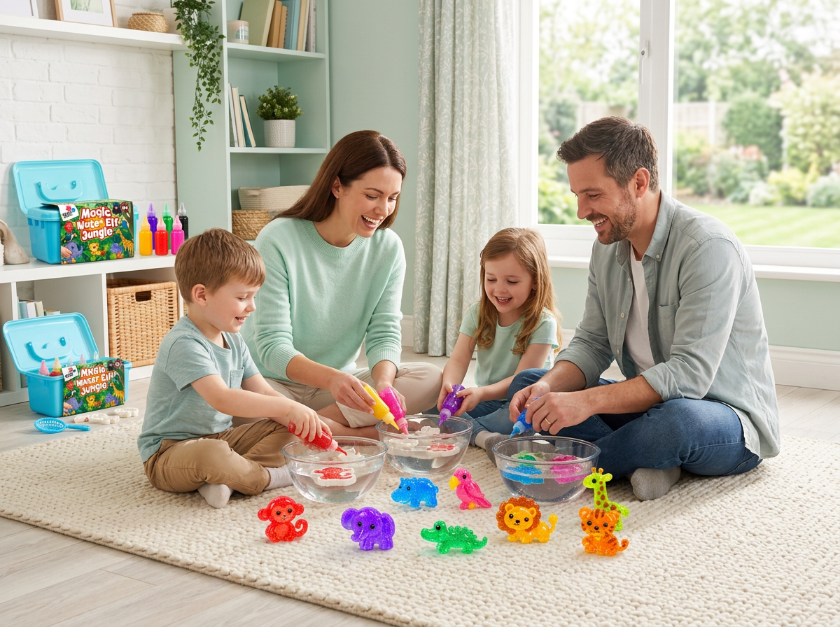 Szülők és gyerekek együtt készítenek színes vízi squishy figurákat