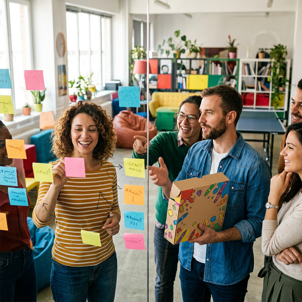 Team members brainstorming with colorful sticky notes and a toy box prototype