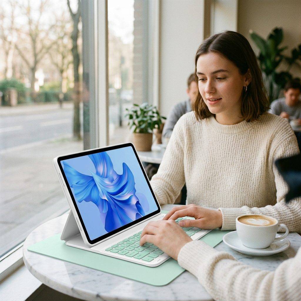 Woman typing on the white keyboard case with mint green keys, resting on a light mint mat at a marble café table