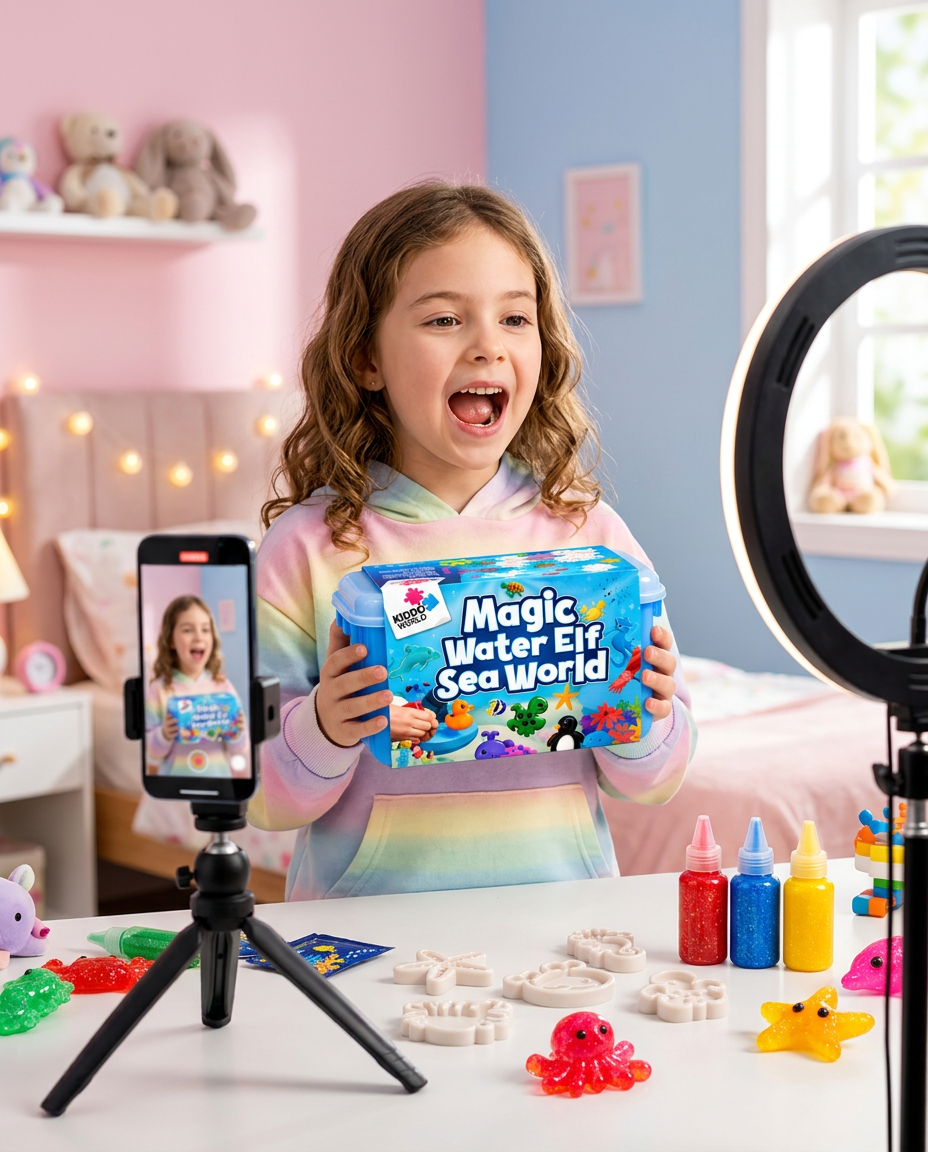 Gyerek influenszer élő videót forgat körfénnyel és telefonnal, és lelkesen mutatja a Kiddo World Magic Water Víz alatti világ készletet