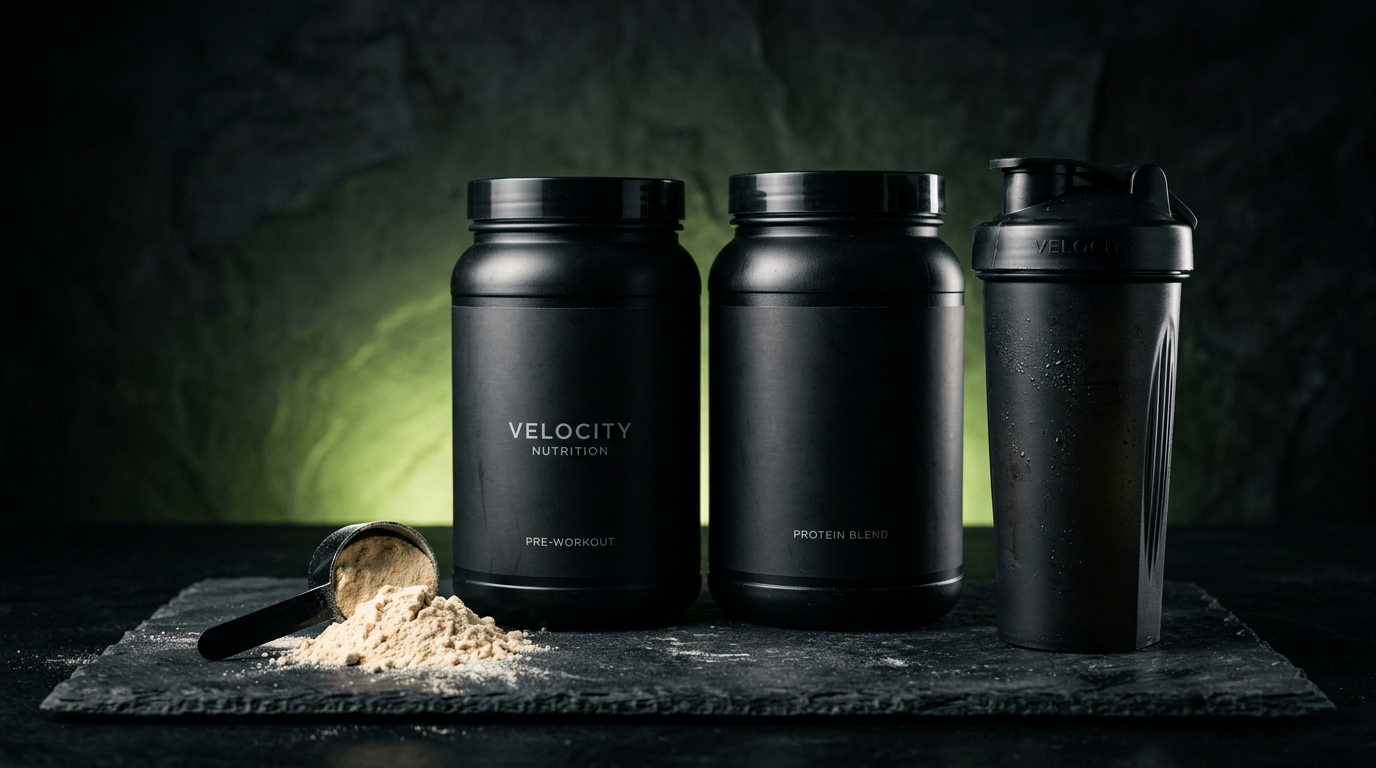 Envases negros de suplementos y shaker