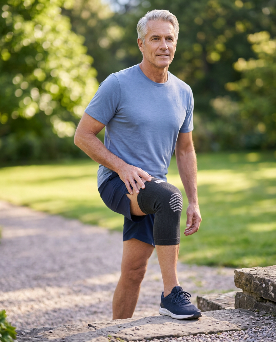 Active man in his fifties stepping up a garden step wearing the Wenosa knee sleeve