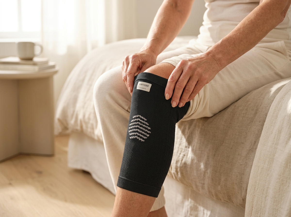 Pulling on the Wenosa bamboo knee sleeve in a bright bedroom
