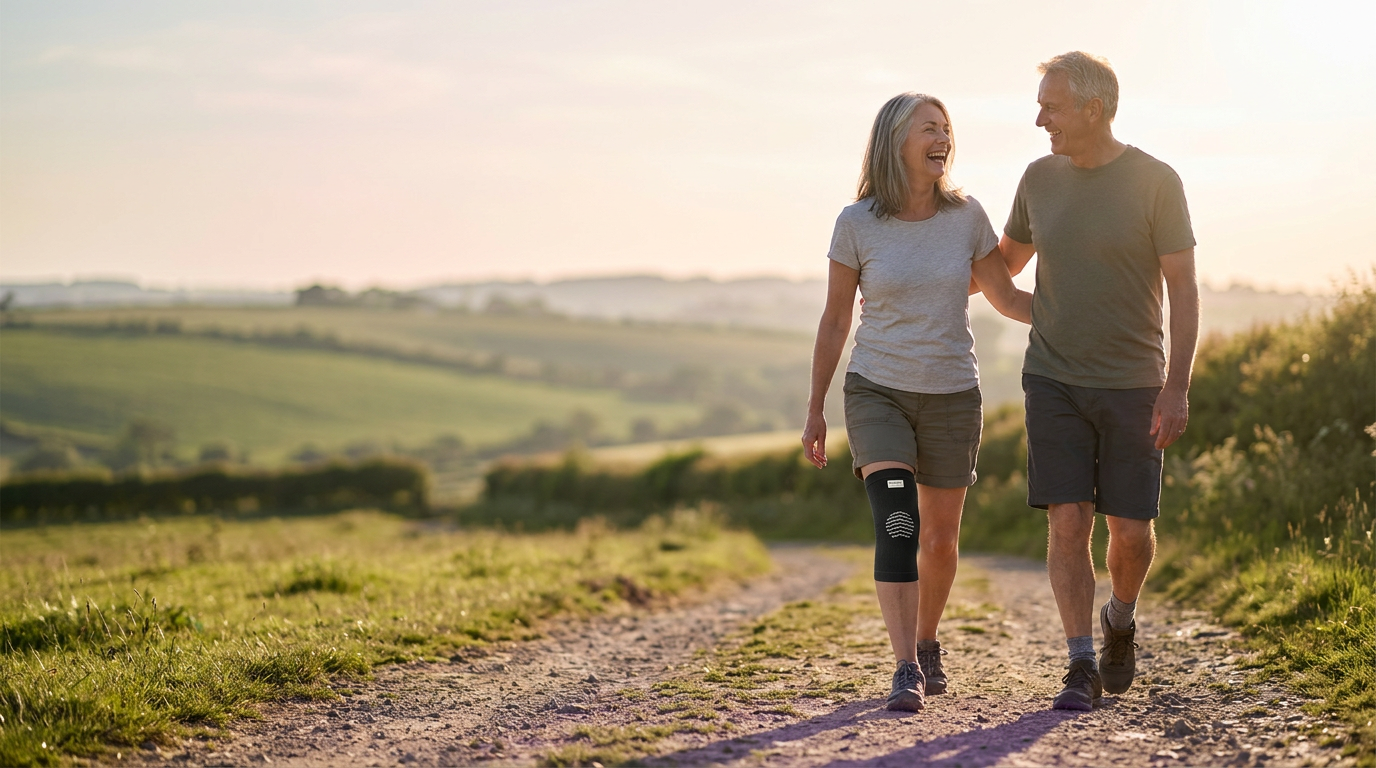 Couple in their sixties walking a countryside trail at golden hour