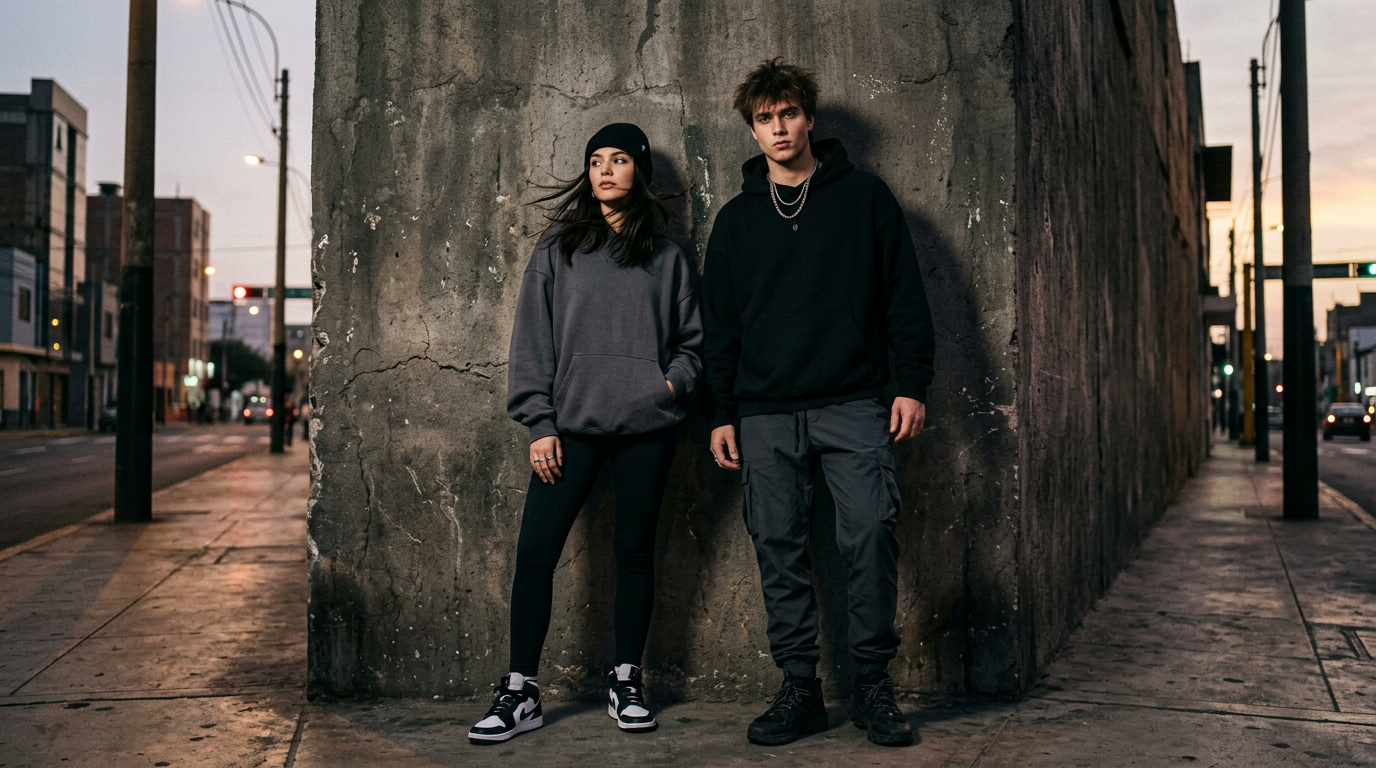 Pareja con ropa urbana y deportiva negra