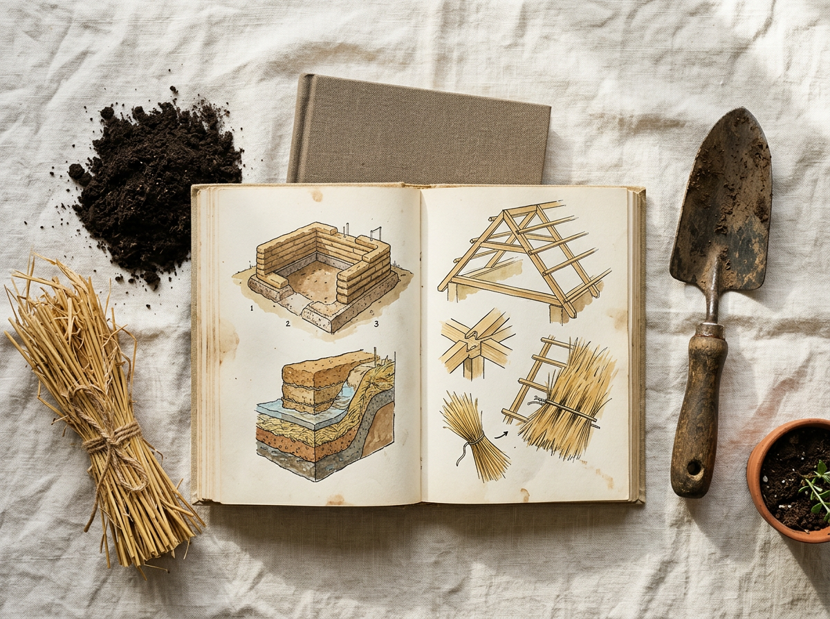 The Soil to Shelter guidebook open on linen, with illustrated mud house construction pages beside soil, straw and a trowel