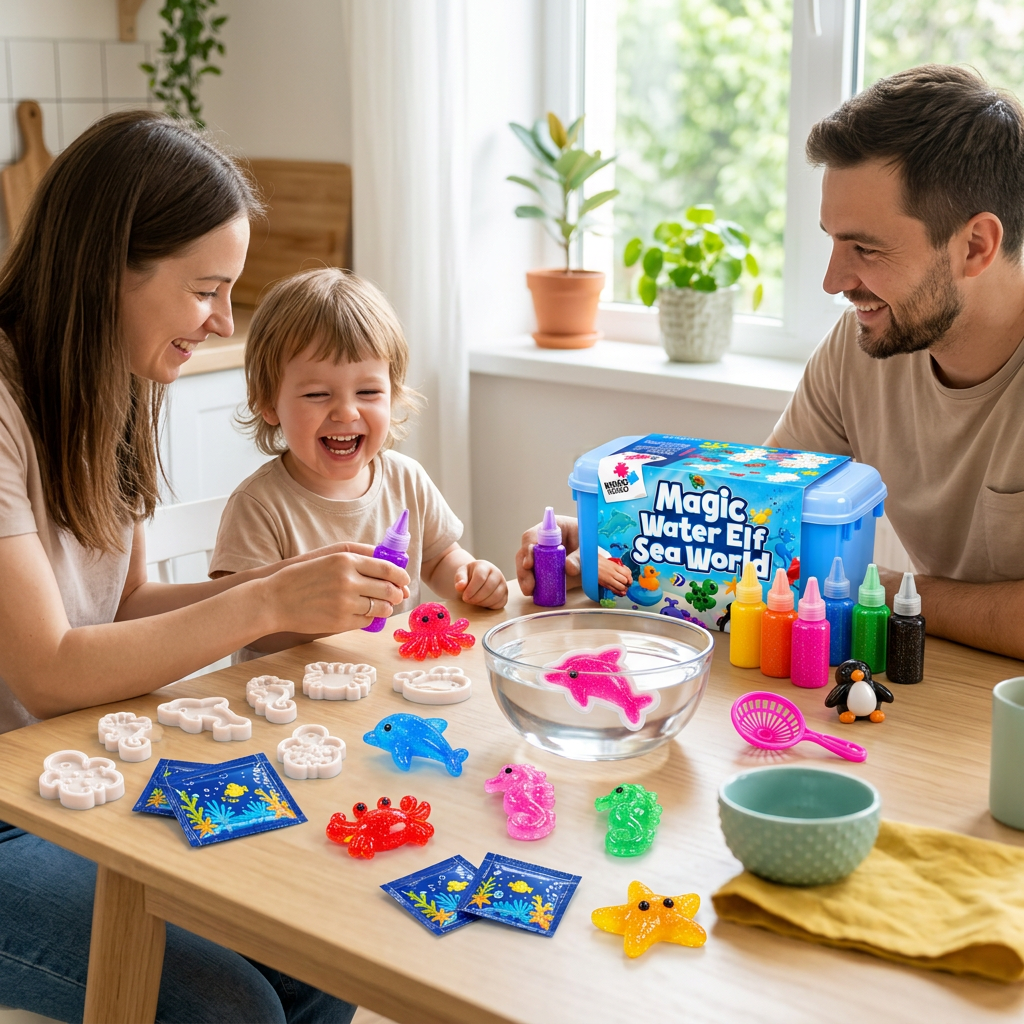 Famiglia felice che gioca insieme al tavolo della cucina con il kit Magic Water Squishies Mondo Marino di Kiddo World