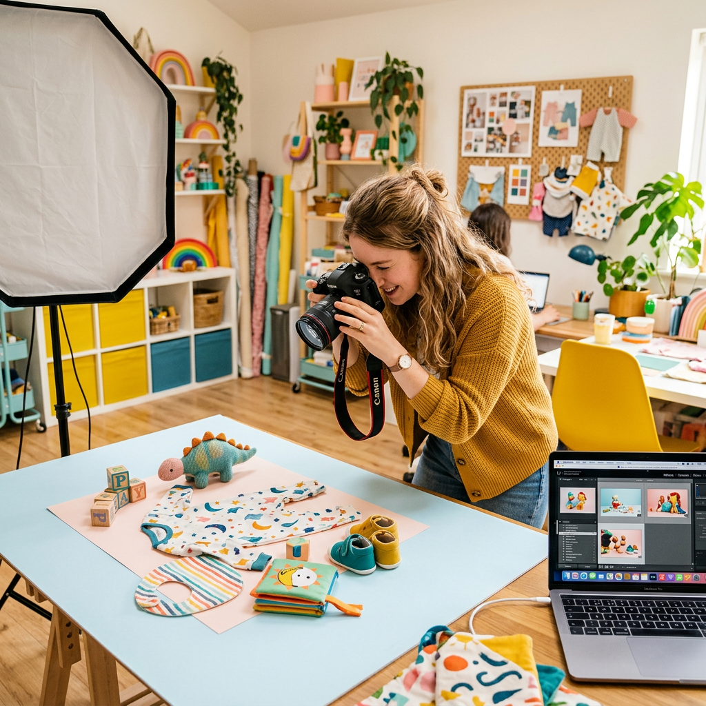 Content creator che fotografa prodotti colorati per bambini in uno studio luminoso