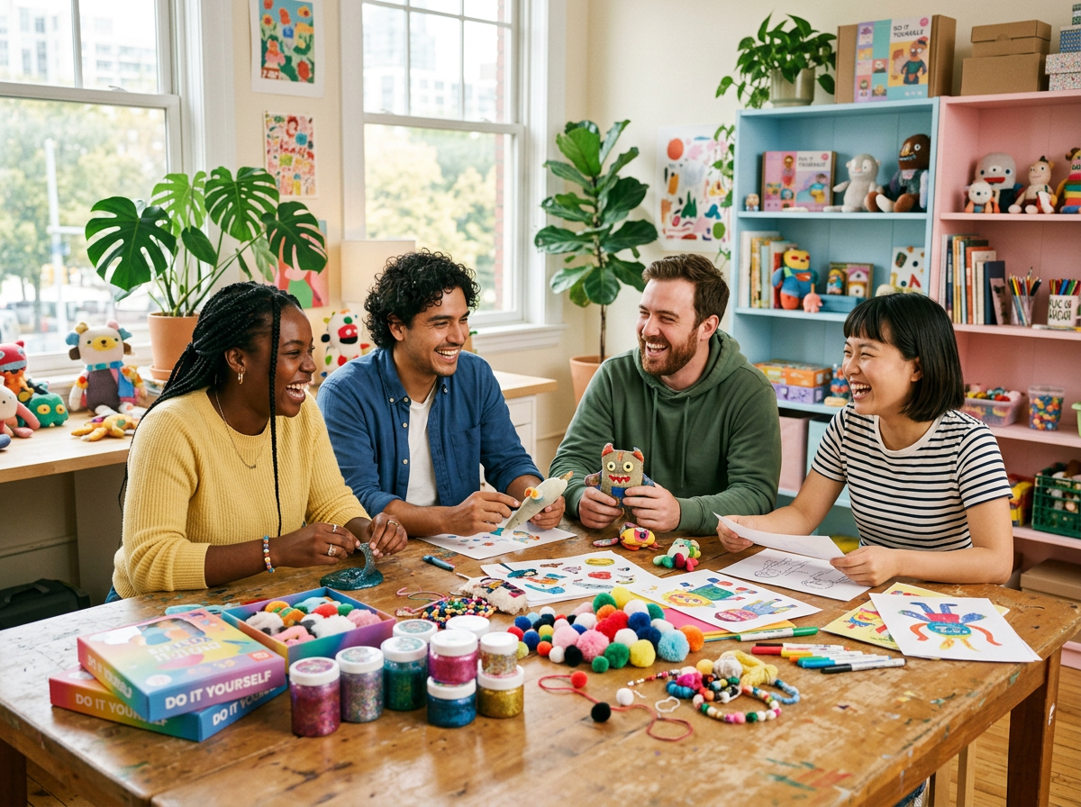 The Kiddo World team laughing together around a table full of craft kits, sketches and toy prototypes