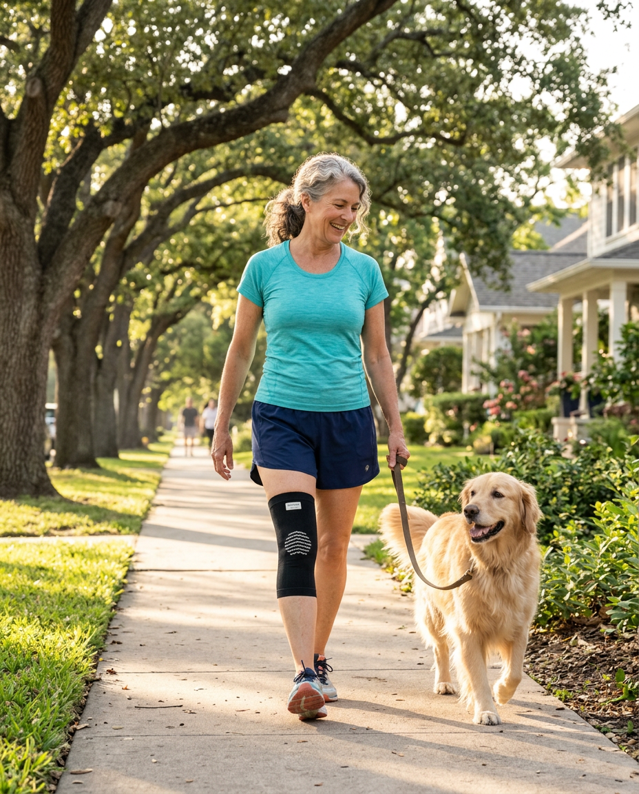 Woman walking her dog wearing the Wenosa knee sleeve