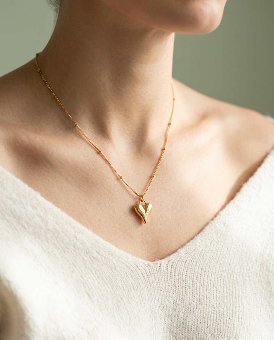 Vrouw draagt een gouden hartketting van SAYA SACRÉE in zacht ochtendlicht