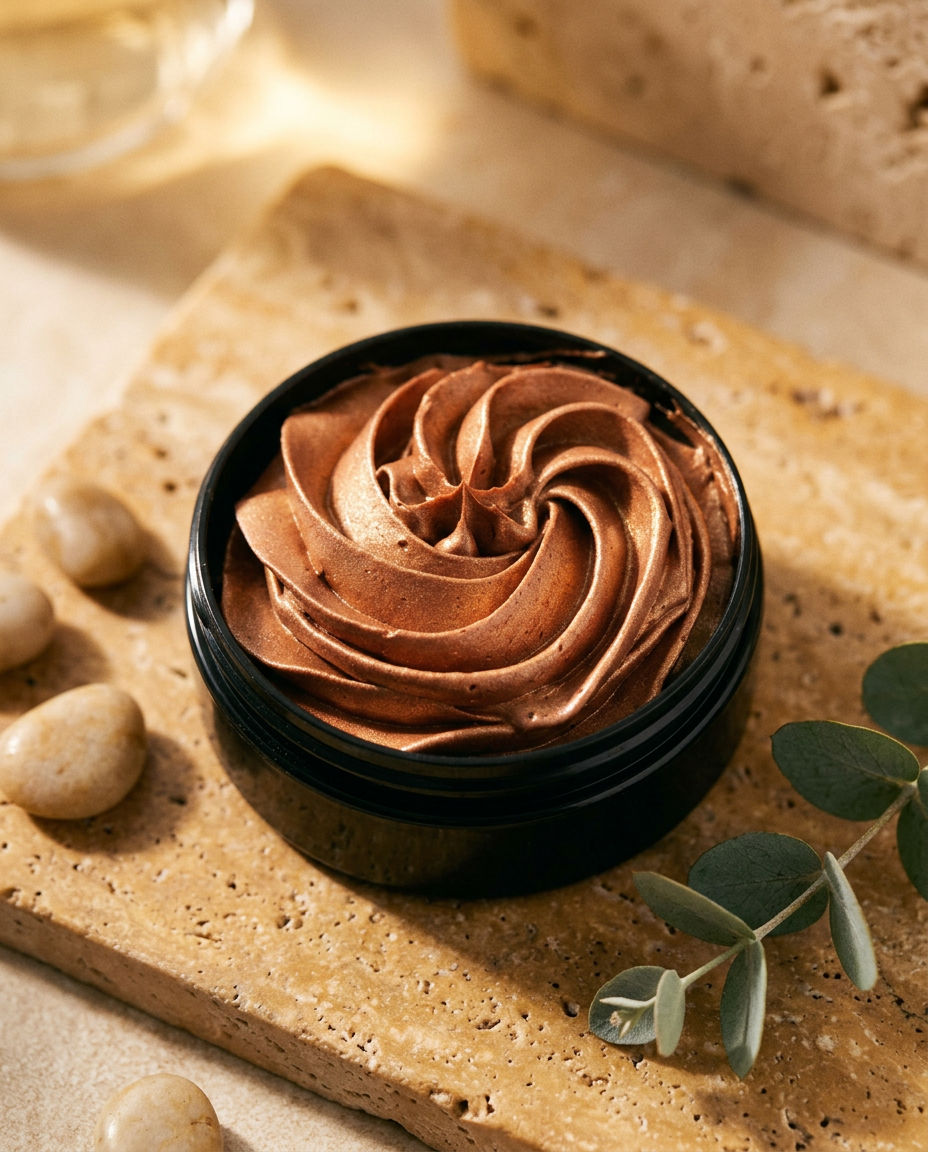 Organic Whipped Bronzing Body Butter – Shimmering Body Moisturizer with Instant Bronze Glow in a seaside spa setting on warm natural stone