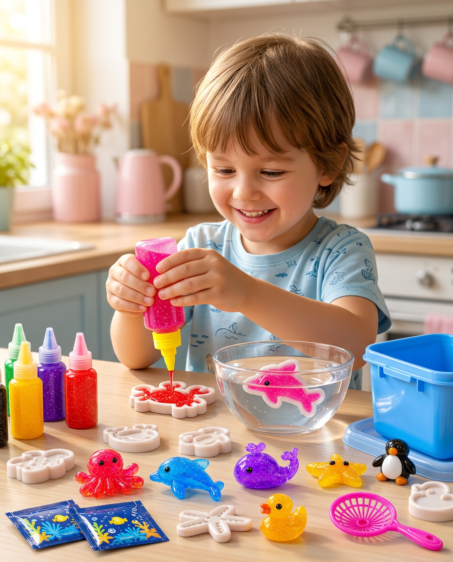 A smiling child creating colorful sea-creature squishies with a Kiddo World Magic Water kit