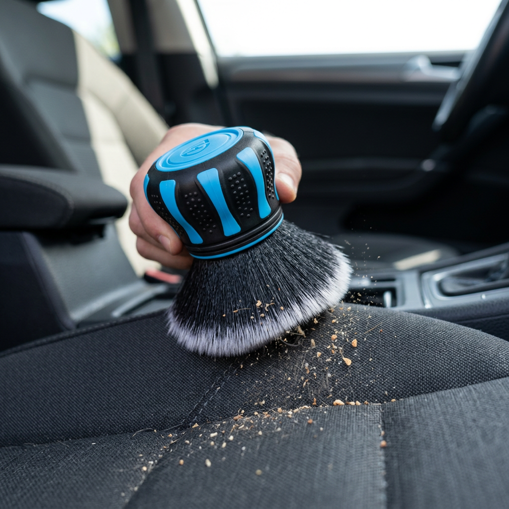Hydro Orb Brush lifting dirt from a fabric seat seam