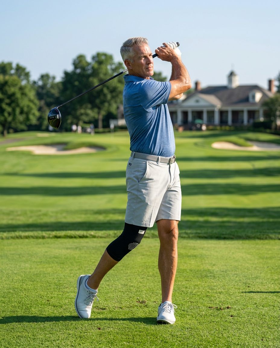 Man playing golf wearing the Wenosa knee sleeve