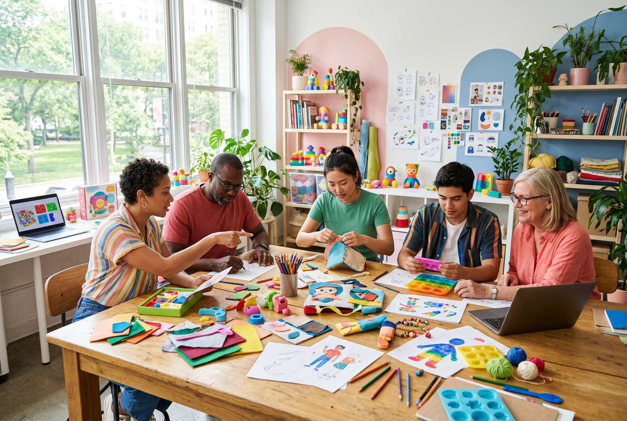 Il team di design ed educatori di Kiddo World sviluppa nuovi prototipi di kit creativi in studio