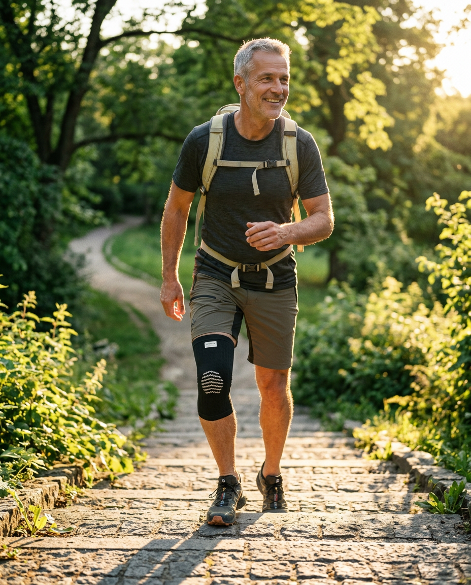 Man climbing outdoor steps wearing the Wenosa knee sleeve