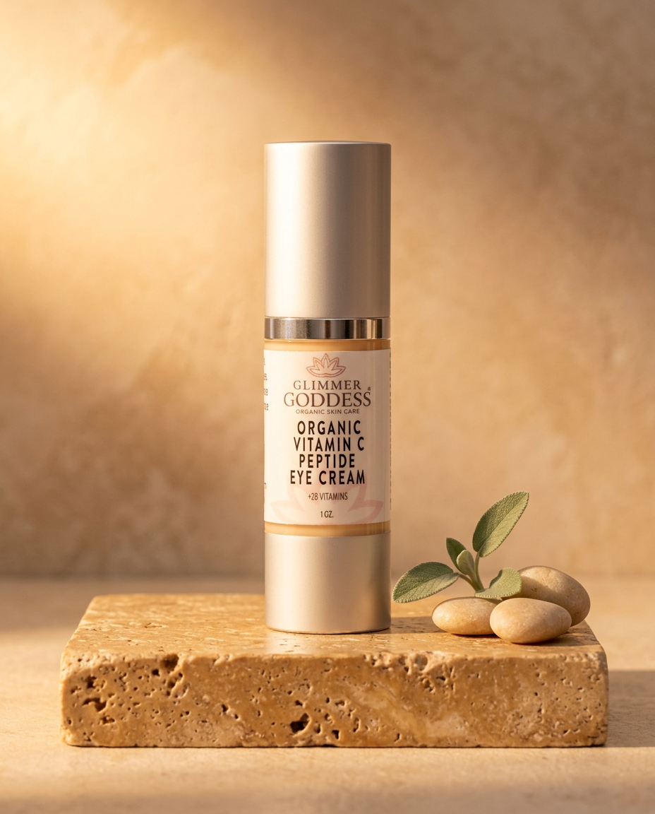 Organic Vitamin C Eye Serum – Peptide Treatment for Dark Circles in a seaside spa setting on warm natural stone