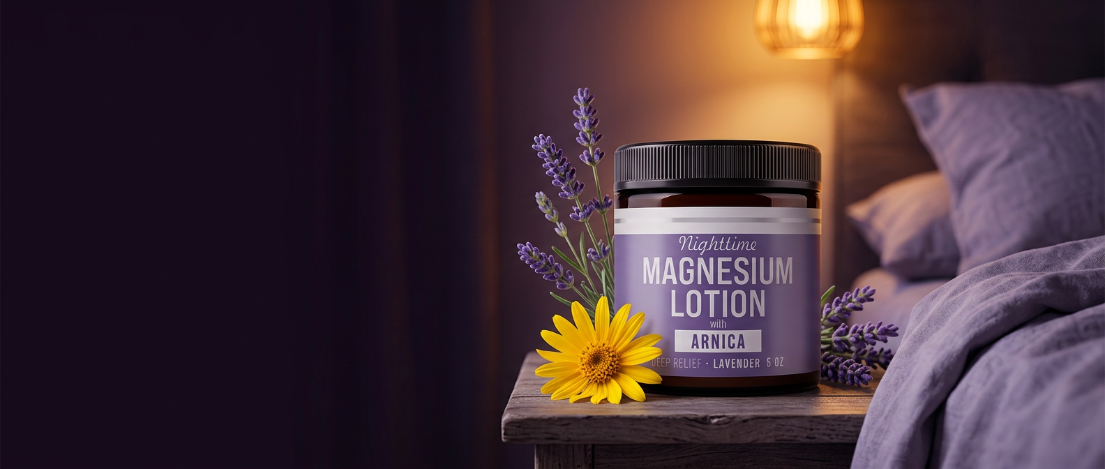 Levare Nighttime Magnesium Lotion jar on a bedside table with lavender and an arnica flower, beside a cozy bed