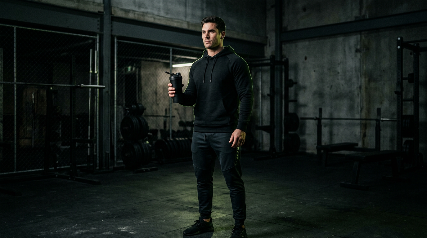Atleta en un gimnasio oscuro con hoodie negro y shaker de proteína