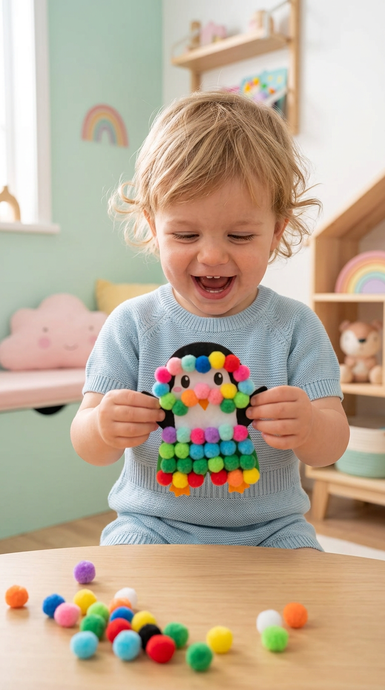 Kuncogó kisgyerek egy puha pompon állatkával