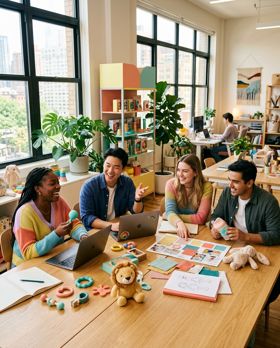 Il team Kiddo World che collabora attorno a un tavolo con laptop e campioni di giocattoli colorati