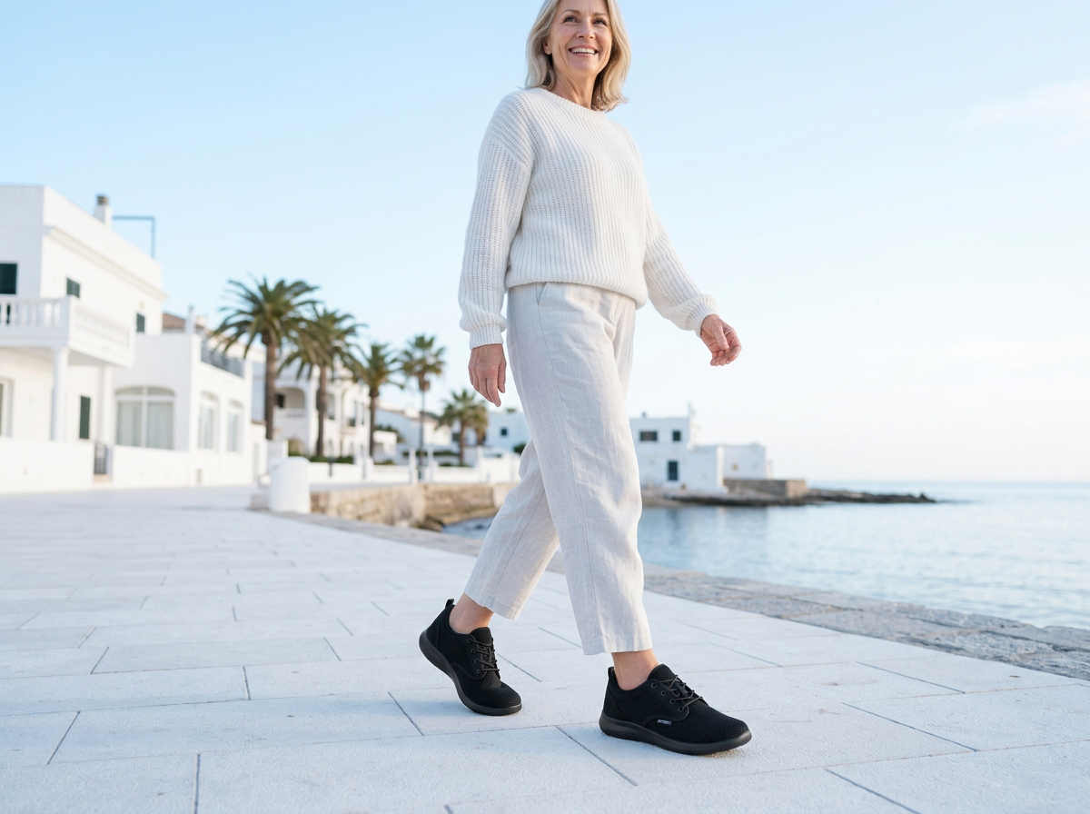 Woman walking along a sunny seaside promenade in black OrthoFit comfort sneakers