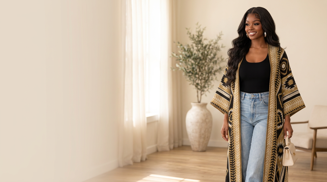 Smiling woman in the Geo Color Long Cardigan over a black tank and jeans in a sunlit cream living room