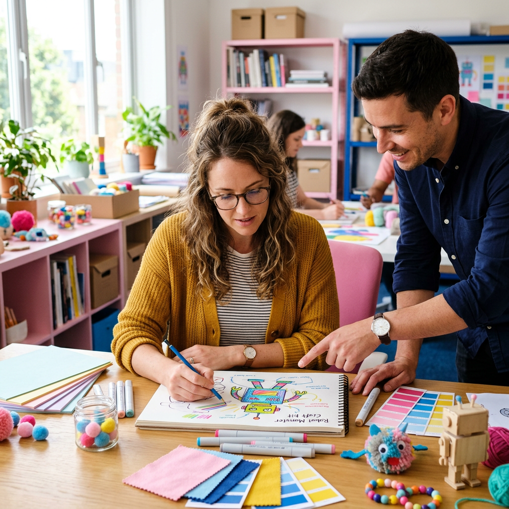 A product designer sketching a new children's craft kit concept with a colleague