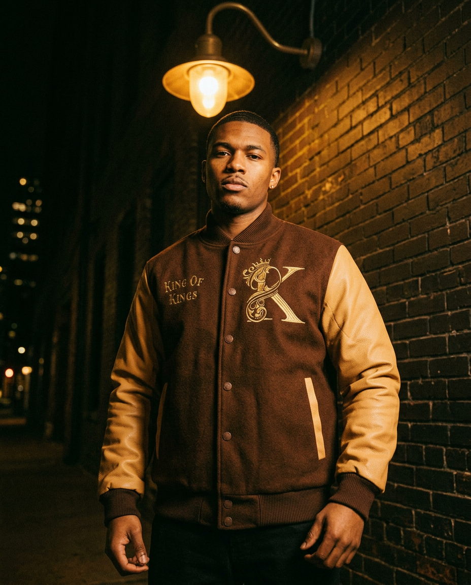 Man in a brown and tan varsity jacket with gold embroidery under a streetlight