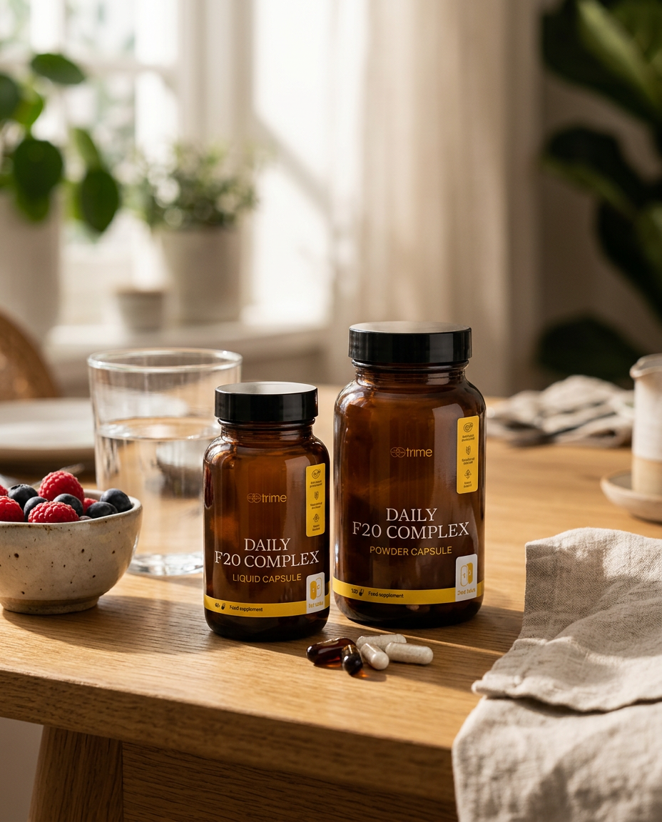 Trime Daily F20 Complex liquid capsule and powder capsule bottles with a few capsules on an oak breakfast table beside a glass of water and a bowl of berries in soft morning light