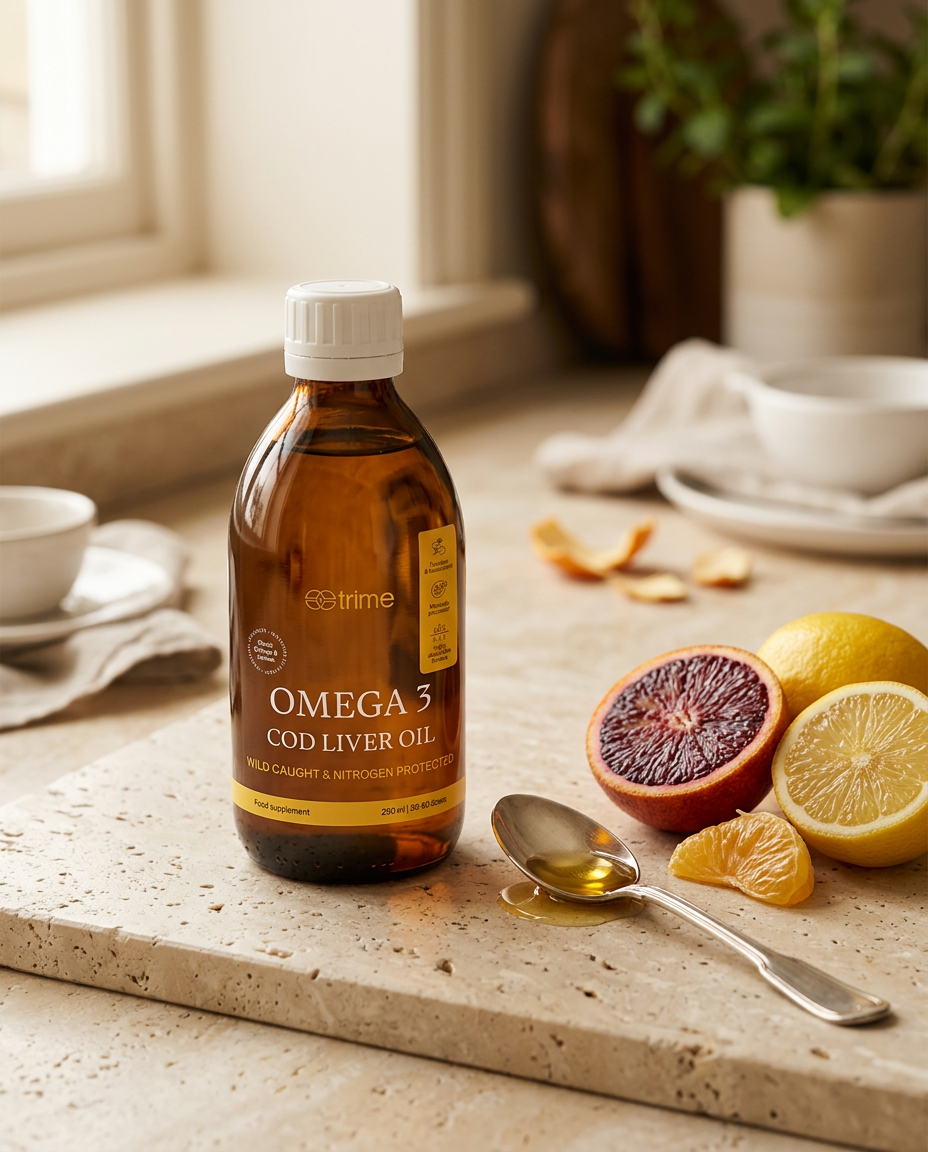 A bottle of Trime Omega-3 Cod Liver Oil beside a spoon of golden oil, a halved blood orange and a lemon