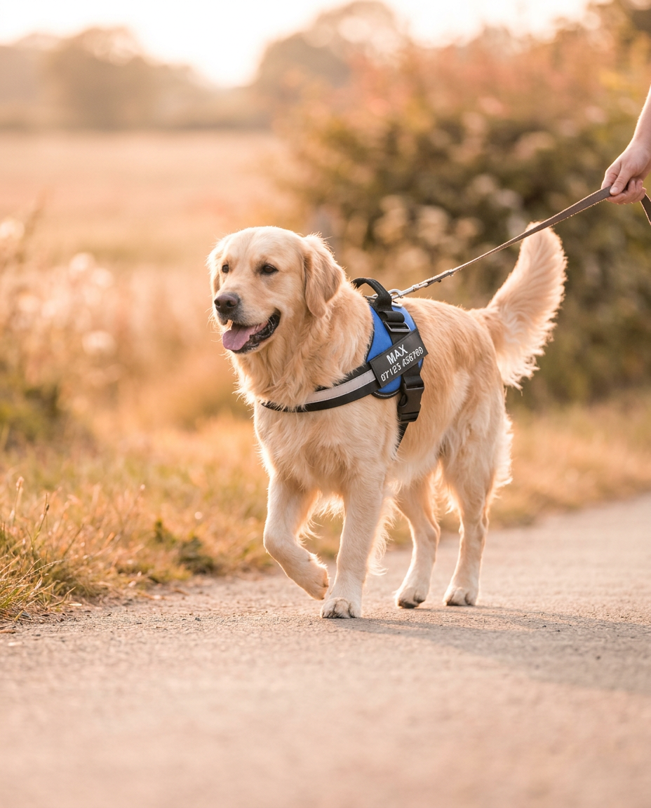 A happy golden retriever trotting along a sunlit countryside path in a blue personalised no-pull harness with his name label, lead in his owner's hand