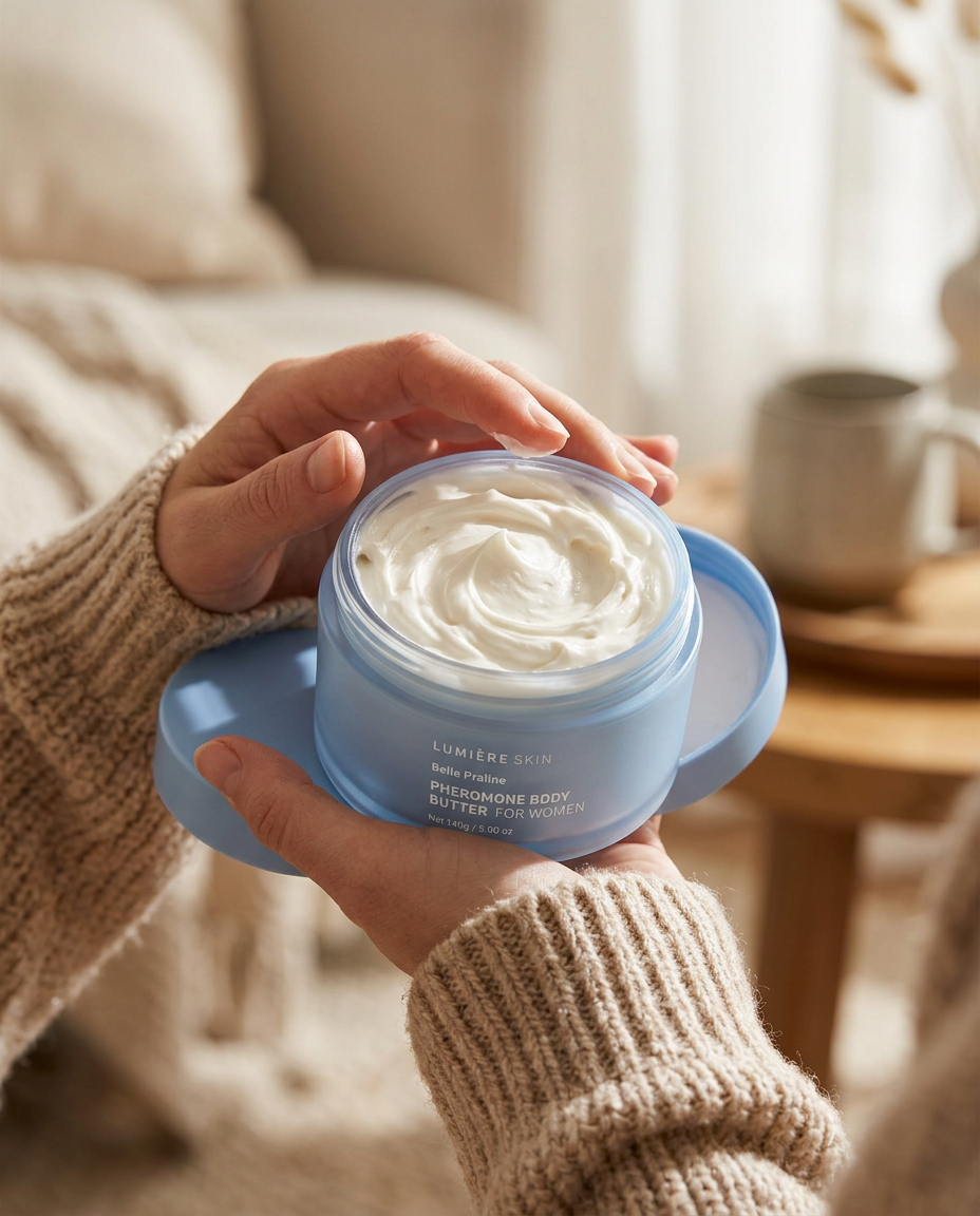 Hands holding the open jar showing the whipped texture