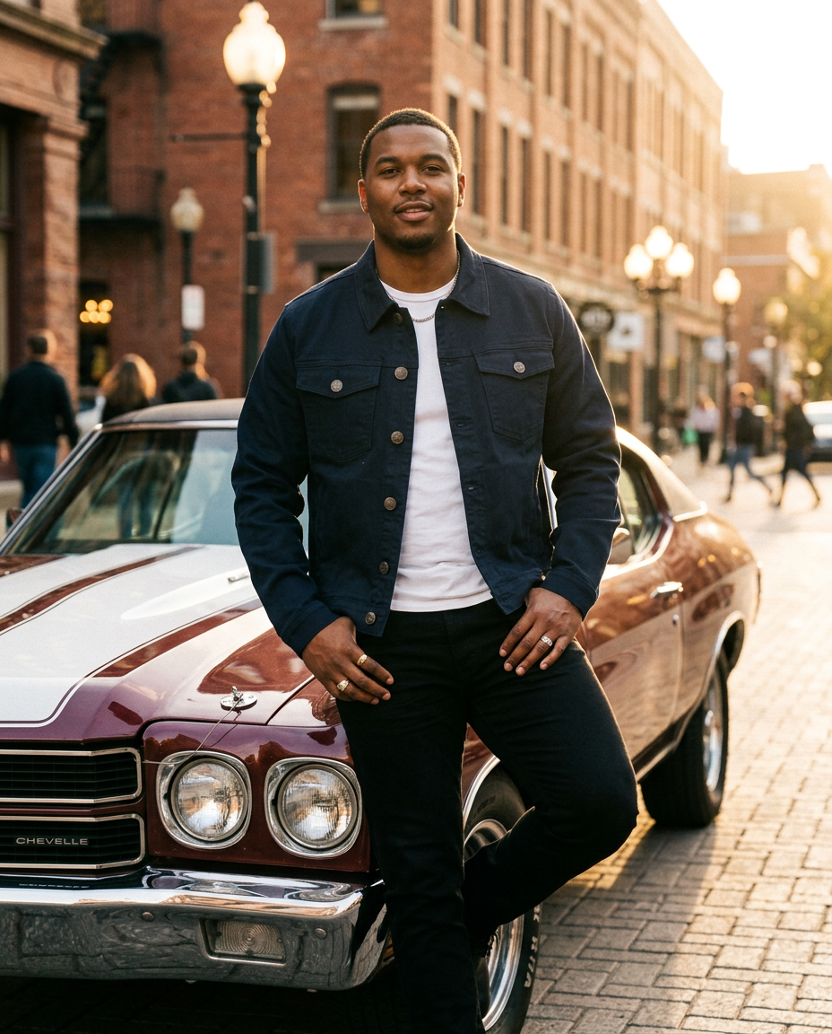 Big and tall man in a navy twill trucker jacket leaning on a vintage car