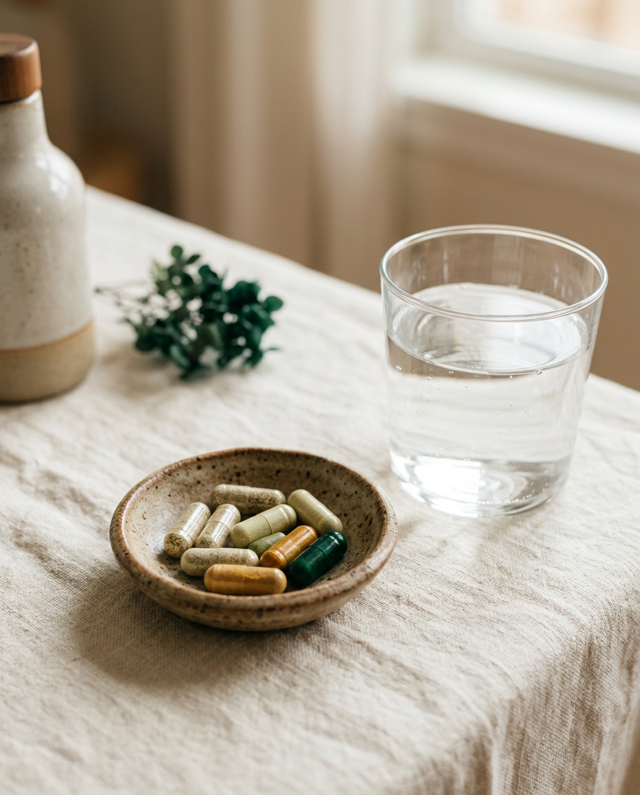 Supplement capsules in a small ceramic dish beside a glass of water on cream linen