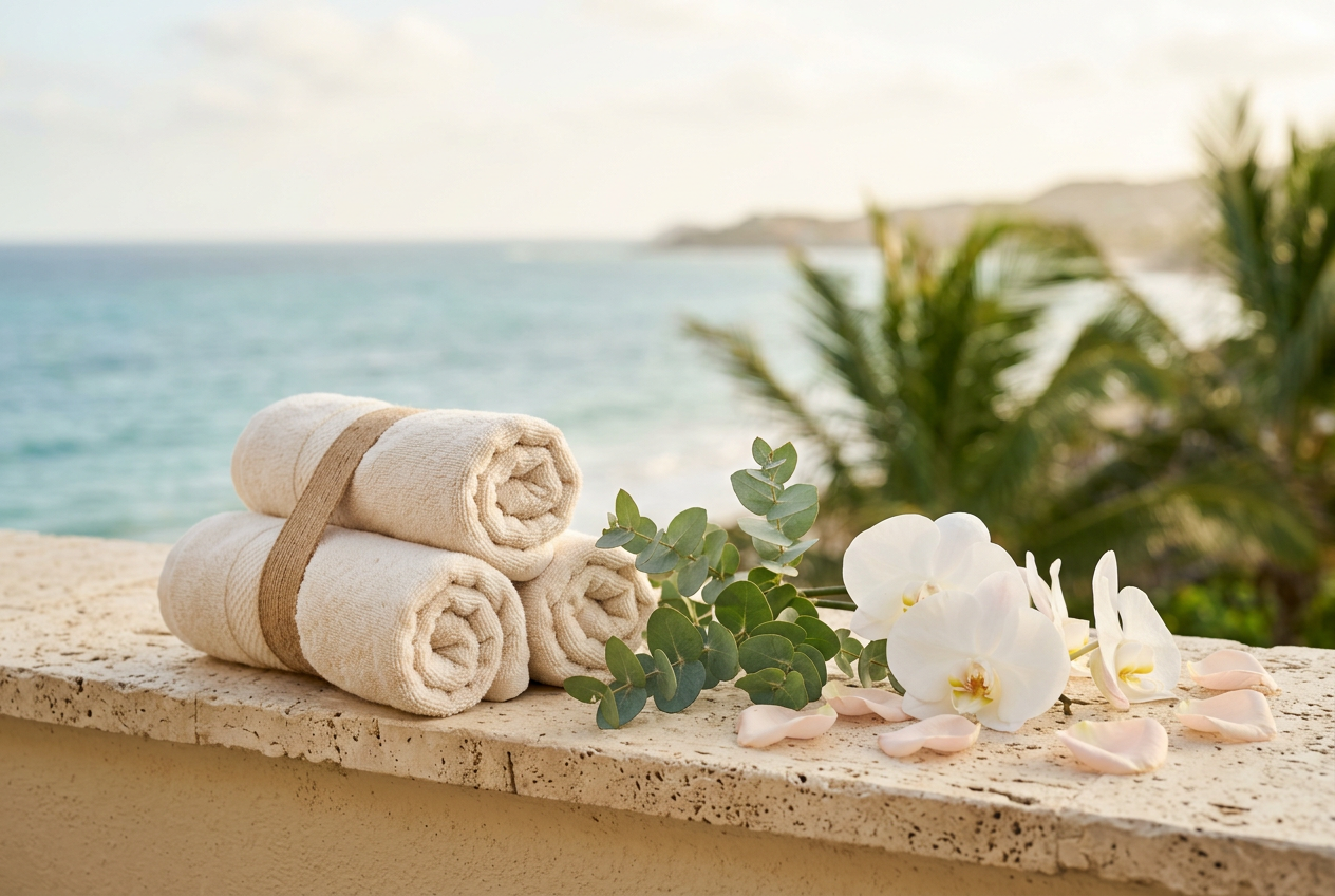 Rolled ivory spa towels, eucalyptus and white orchids on a travertine ledge overlooking the sea