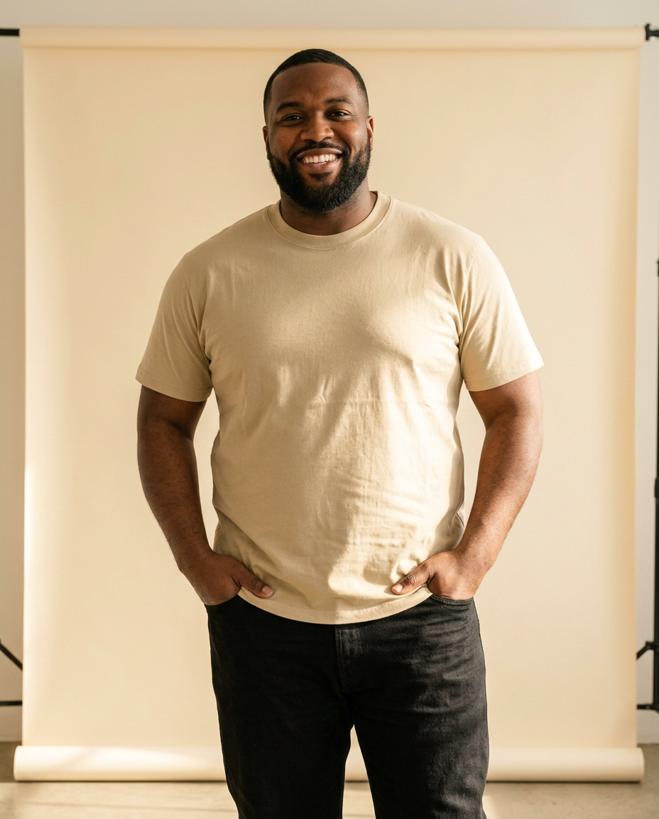 Smiling big and tall man in a khaki crew neck tee and black jeans