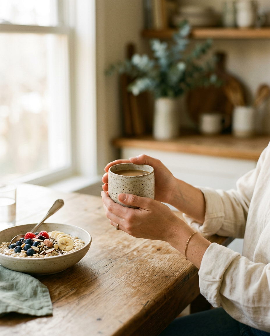 A young woman holding a speckled ceramic mug at a sunlit oak kitchen table beside a bowl of oats with berries
