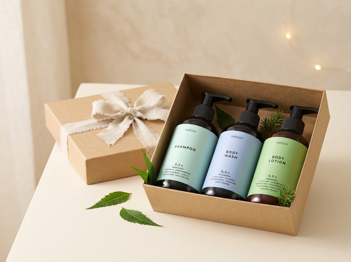 natüür Body Care Routine: Shampoo, Body Wash und Body Lotion dicht gepackt in einer offenen Geschenkbox aus Kraftpapier, daneben ein Geschenk mit Leinenschleife, frische Neemblätter und ein Tannenzweig auf hellem Tisch