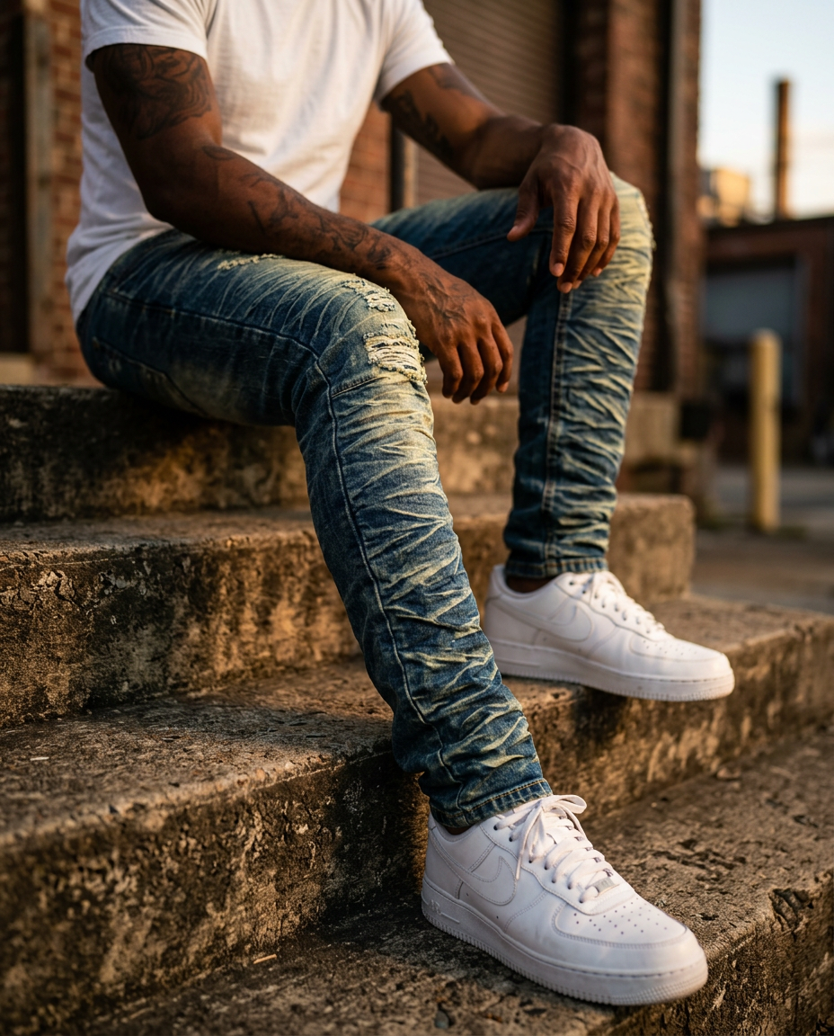 Man in distressed slim fit jeans and white sneakers sitting on concrete steps