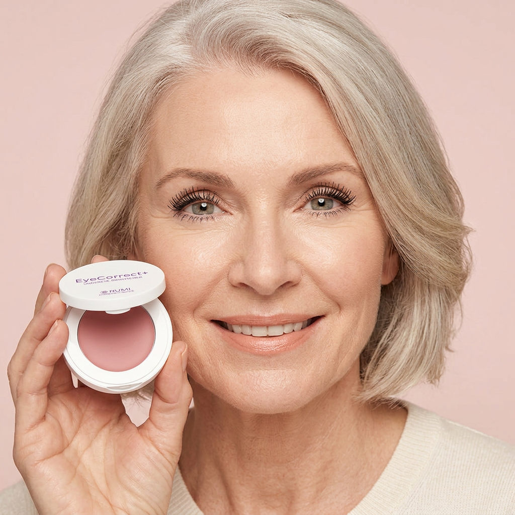 Smiling mature woman with bright, rested under-eyes and lifted, defined lashes holding an open EyeCorrect+ Undereye Brightener compact